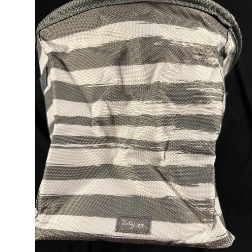 Thirty-One Mini Storage Bin Grey White Brushstroke Stripe Organizer Office Bag